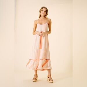 NEW Pink Orange Striped Tiered Maxi Dress Boho Cottagecore Beach Vacation XSmall